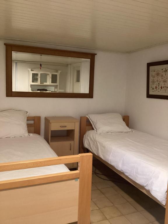 ein Schlafzimmer mit zwei Betten und einem Spiegel in der Unterkunft HeijenLUXE VAKANTIEWONING in Heijen