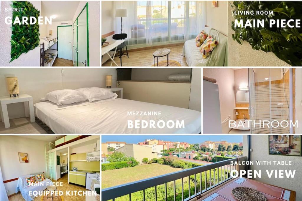 un collage de photos d'une chambre et d'une pièce dans l'établissement L'Olive du Cap, au Cap d'Agde