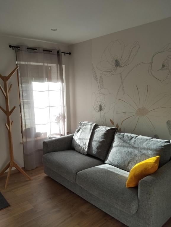 - un canapé gris dans un salon orné d'un mur fleuri dans l'établissement L'Appart, à La Chapelle-aux-Bois