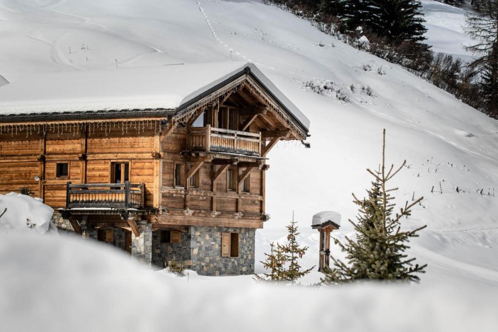 une cabane en rondins dans la neige avec un arbre de Noël dans l'établissement Les Chalets Du Cocoon - 6 Pièces pour 11 Personnes 611, à Aime La Plagne