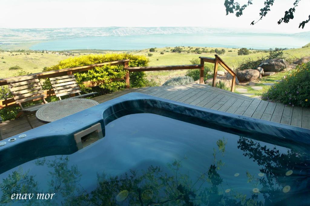 a swimming pool with a view of the ocean at Sea Of Galilee Site in Chorazim