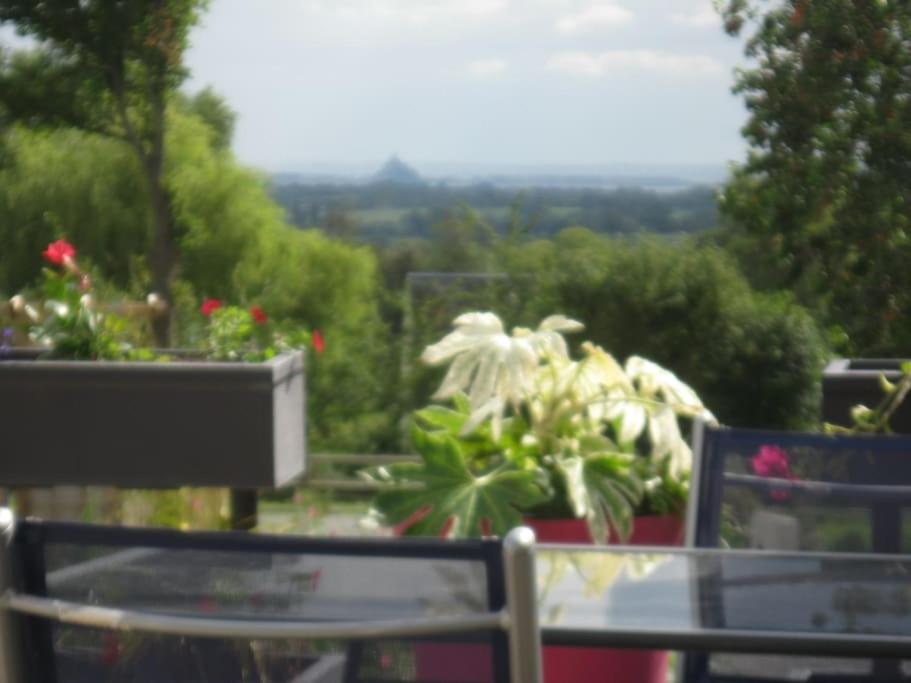 une table en verre et quelques plantes sur un balcon dans l'établissement Gîte avec vue sur Mont Saint Michel, à Lolif