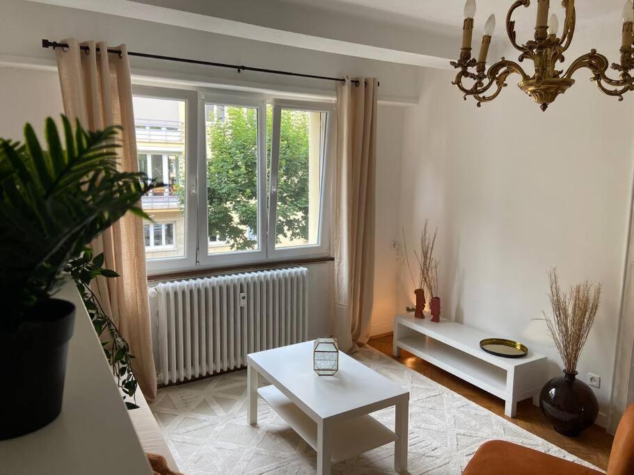 - un salon avec une table blanche et une fenêtre dans l'établissement Charismatique Orangerie-10min Parlement EU-WiFi-TV, à Strasbourg