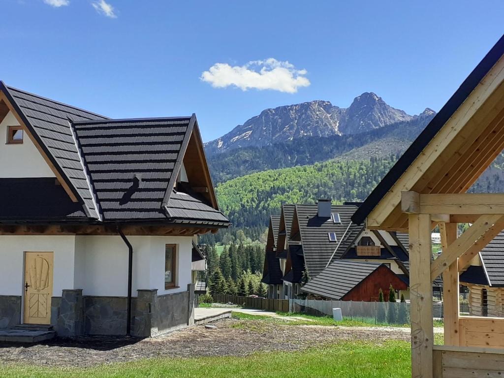 a row of houses with mountains in the background at Noclegi domek in Kościelisko