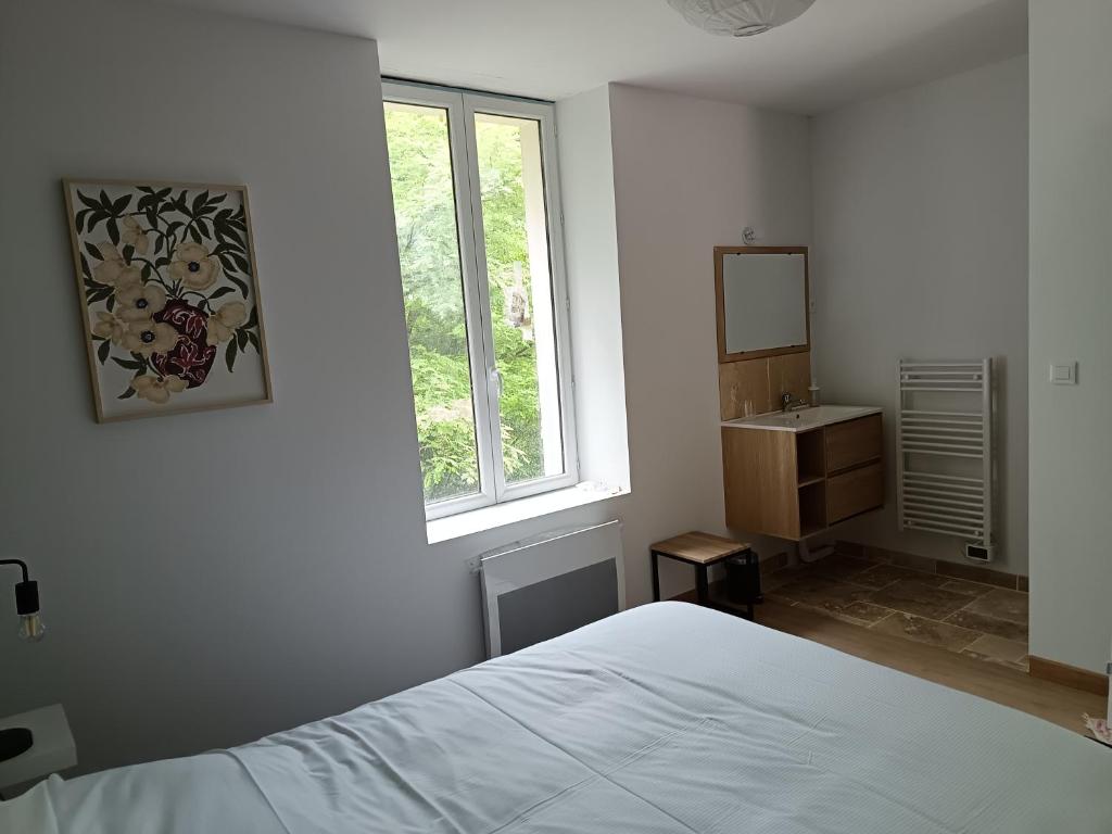 ein Schlafzimmer mit einem Bett, einem Waschbecken und einem Fenster in der Unterkunft Gîte au coeur d'un vignoble in Saint-Aignan