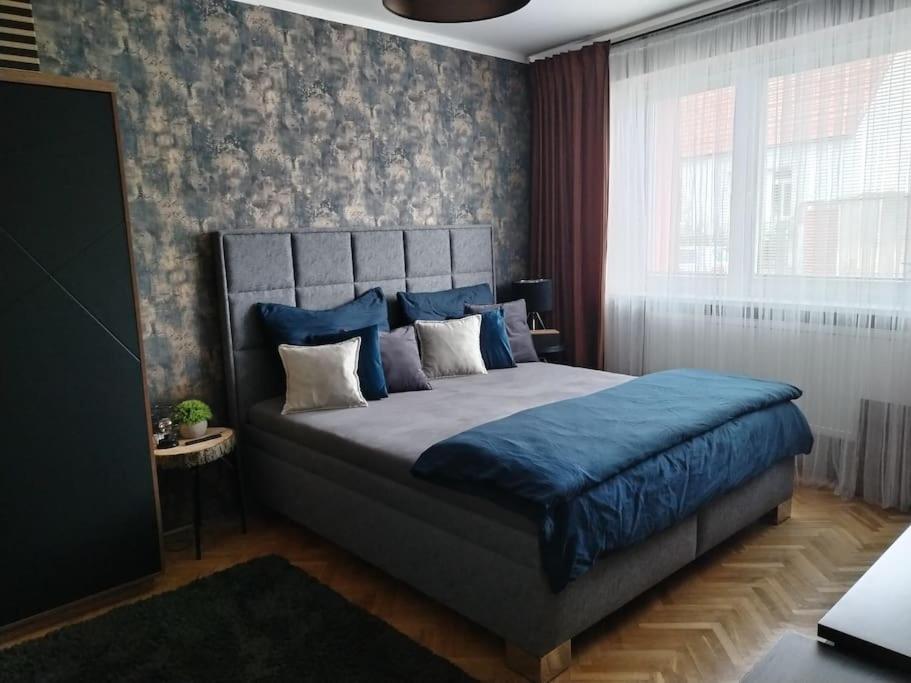 a bedroom with a bed with blue sheets and a window at Nice HOME in Horní Heršpice
