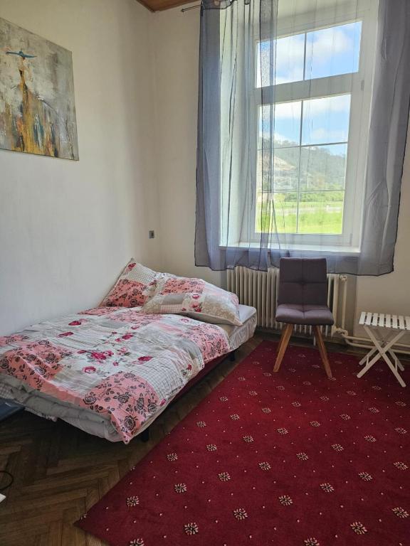 a bedroom with a bed and a chair and a window at Lemmerer Homestay in Sankt Lorenzen bei Knittelfeld