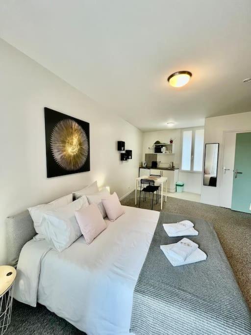 une chambre avec un grand lit blanc avec des oreillers roses dans l'établissement Studio 3 Rue Théodore Bac - DABNB, à Limoges