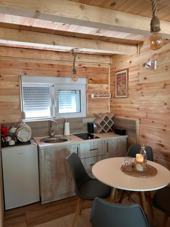 a kitchen and dining room with a table in a tiny house at Sparkle's little house in Žabljak