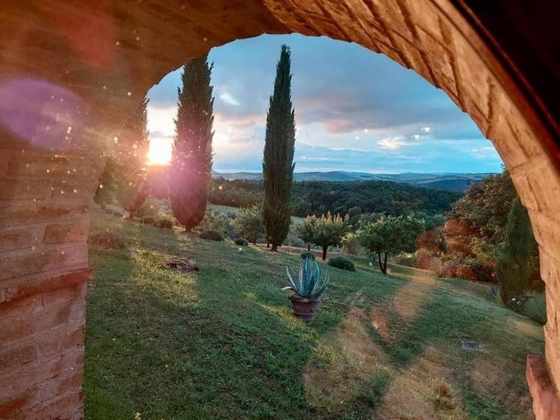 a view through a stone window of a field with a cactus at Il Casolare delle Fiabe in Casole dʼElsa
