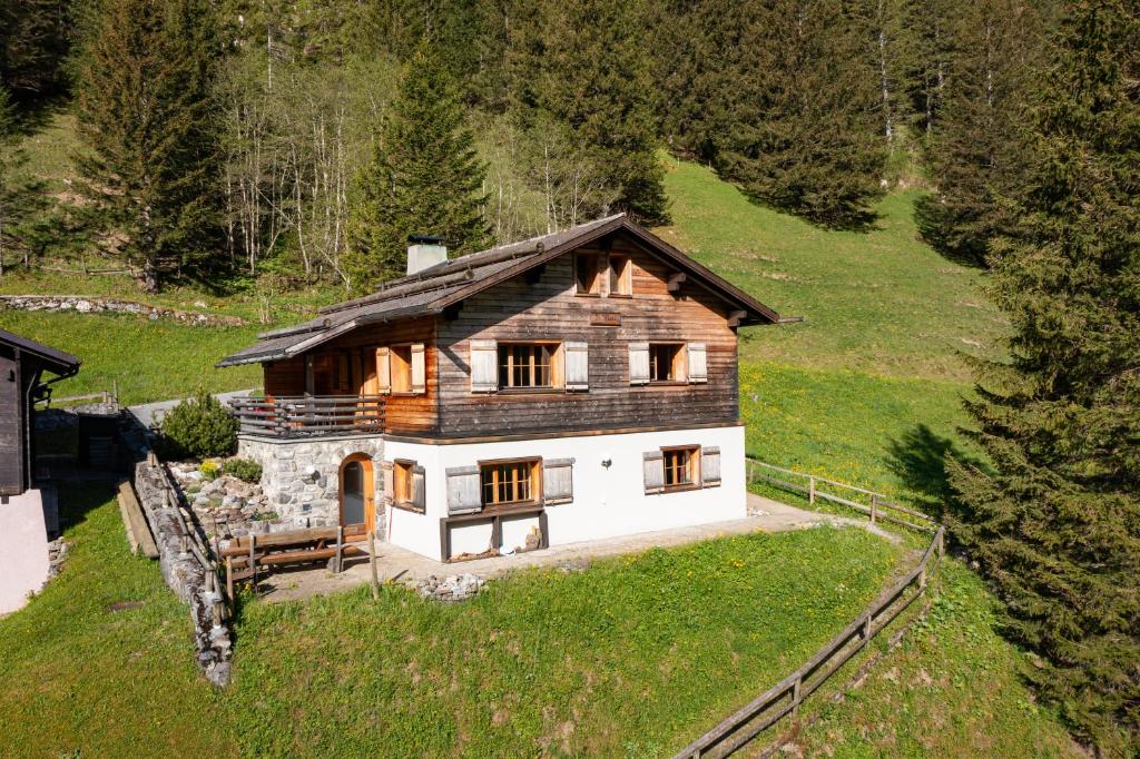 特里森贝格Ferienhaus Wisli的田野上山丘上的大型木屋