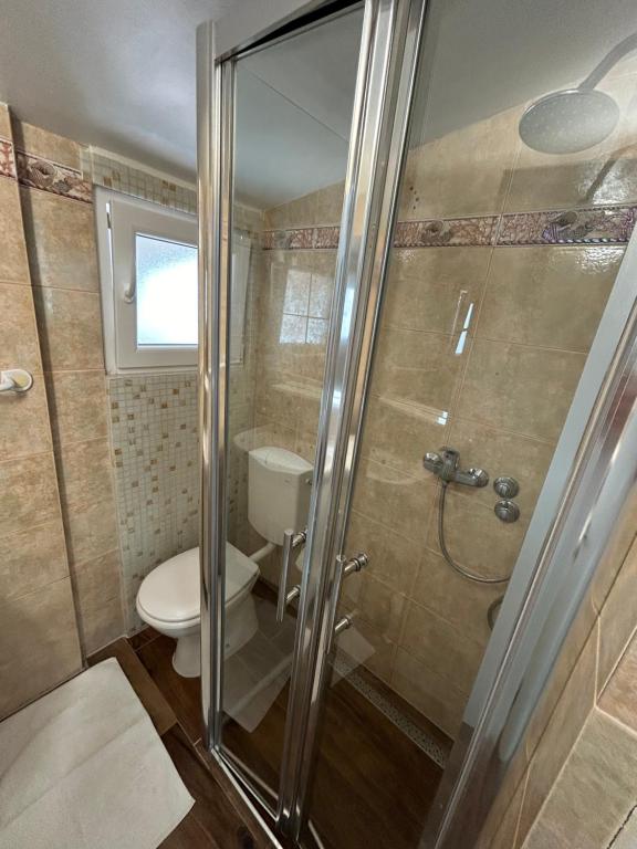 a bathroom with a toilet and a glass shower at Apartments Oliva in Poreč
