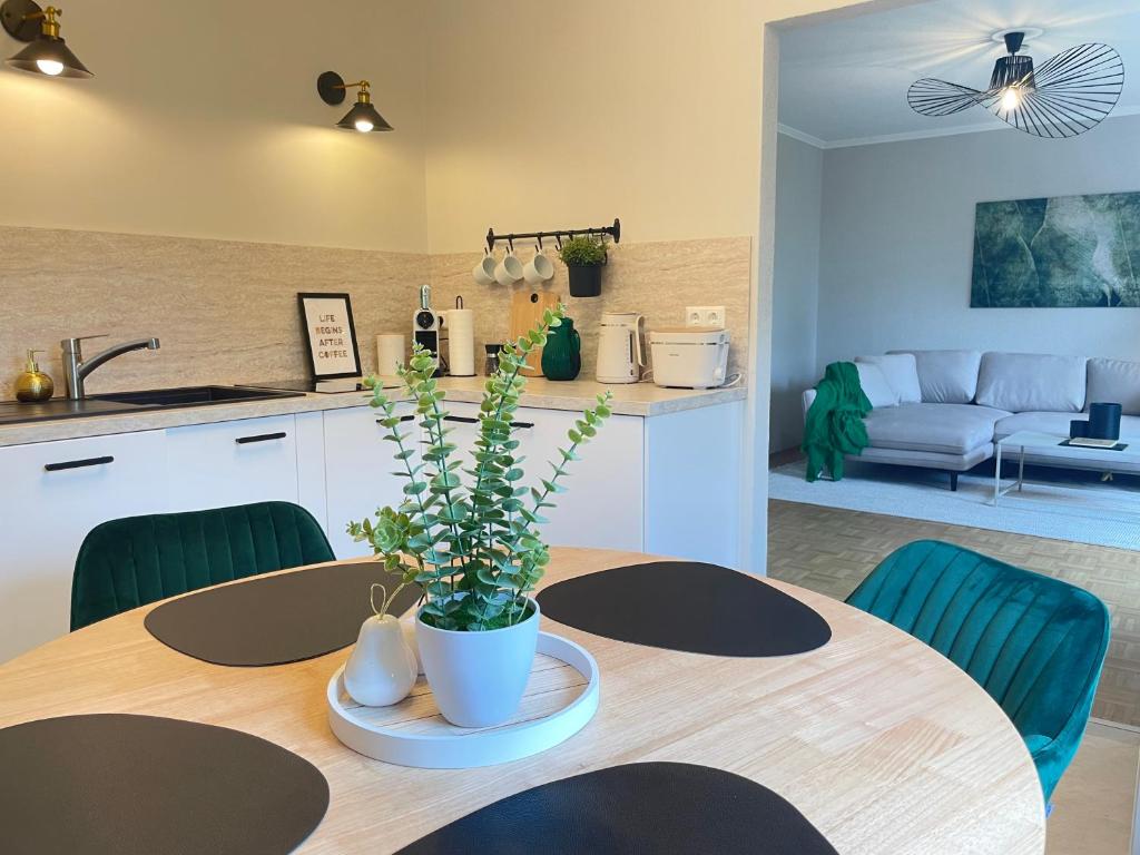 a kitchen and dining room with a table with a plant on it at APARTMENT KLAGENFURT Villa Frank No1 - with Free Parking, Air Conditioning, Smart-TV & Self Check-in in Klagenfurt