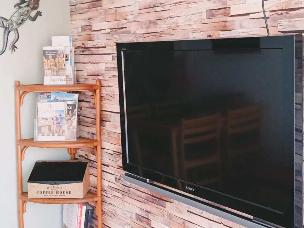 a large flat screen tv on a brick wall at La Salamandre in Saint-Côme-de-Fresné