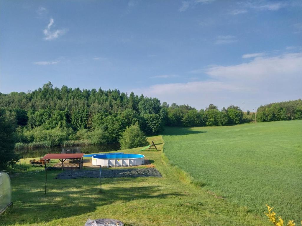 a large field with a picnic table and a trampoline at Wypoczynek Kocia Góra in Dziemiany