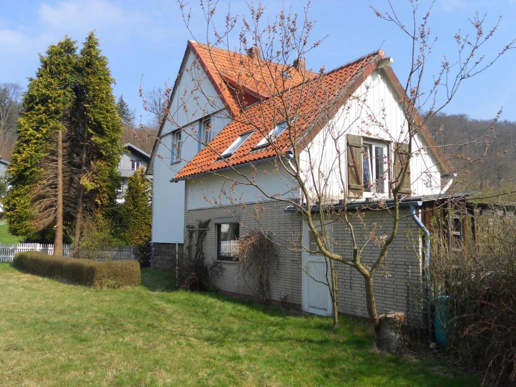 a white house with an orange roof in a yard at Ferienwohnung Wolfshagen in Wolfshagen
