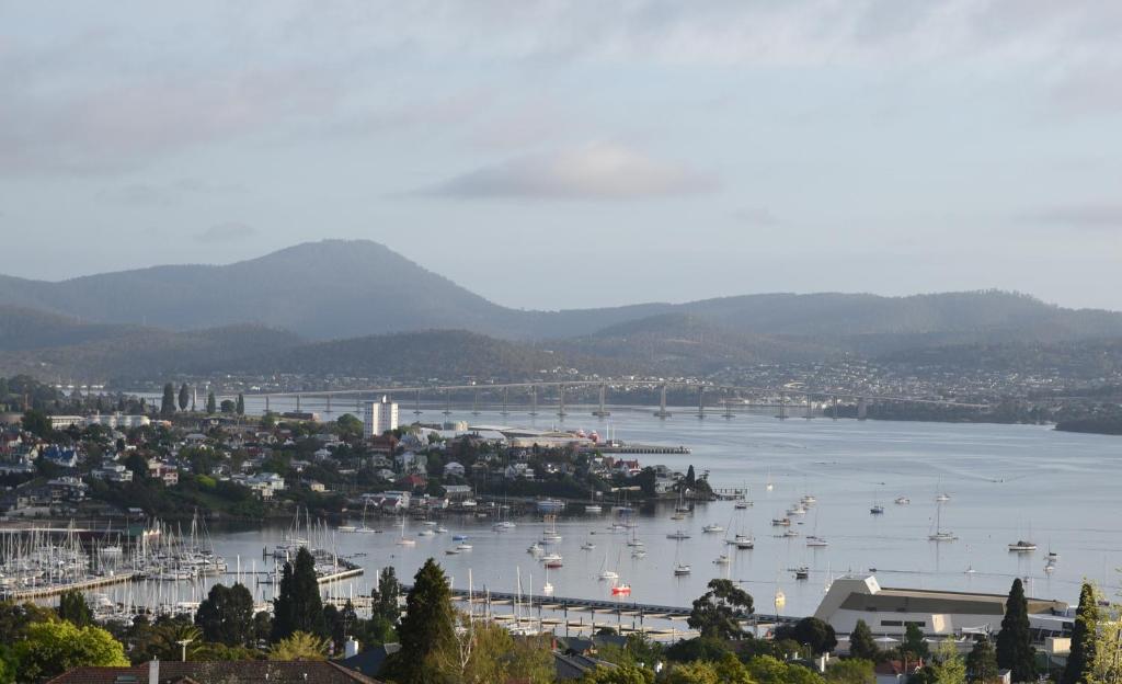 Blick auf einen Hafen mit Booten im Wasser in der Unterkunft Studioat10 in Hobart