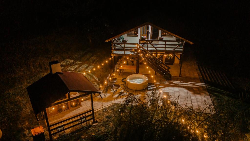 an aerial view of a house at night with lights at Cabana Petersdorf in Petreşti