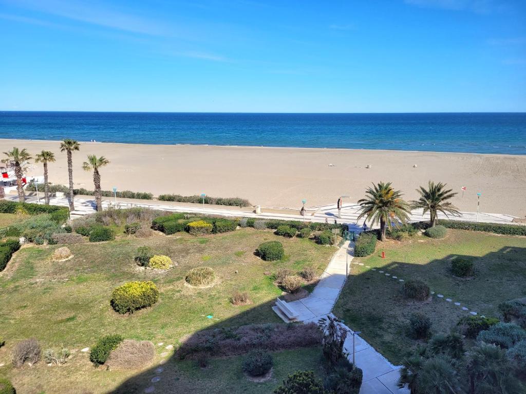 - une vue aérienne sur une plage bordée de palmiers dans l'établissement Studio confort avec terrasse, vue mer et parking - Canet-en-Roussillon - FR-1-794-148, à Canet