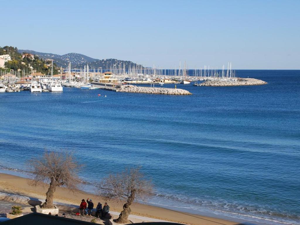 Un groupe de personnes debout sur une plage près de l'eau dans l'établissement Le Lavandou, T2 Cabine 4 pers, tennis, parking, plage à 10m - FR-1-803-48, au Lavandou