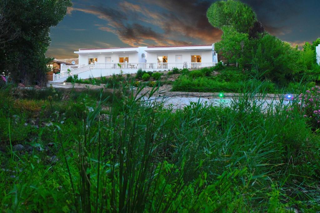a white house in the middle of a field of grass at Casa da Ribeira in Campo Maior