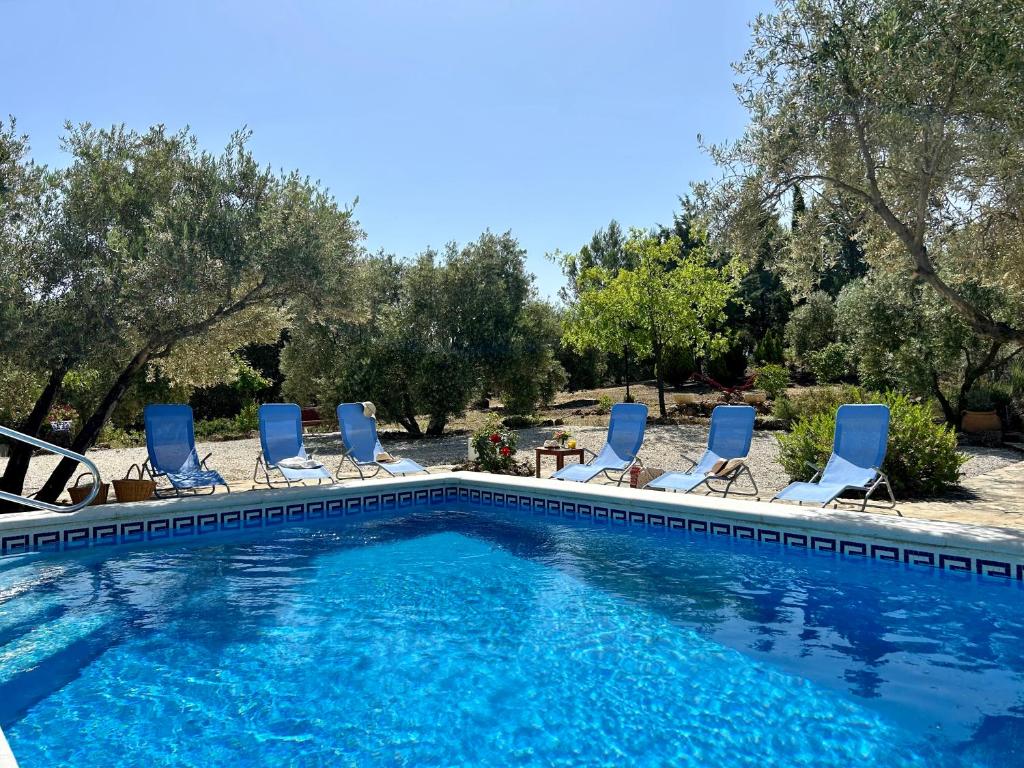a swimming pool with lounge chairs and a swimming pool at Casa de Campo La Mejorana Refugio entre olivos sin renunciar al confort in Villanueva de Tapia