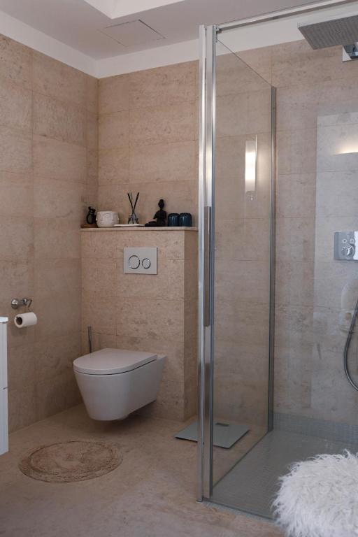 a bathroom with a toilet and a glass shower at The White Knight Premium Boutique Hotel in Għajnsielem