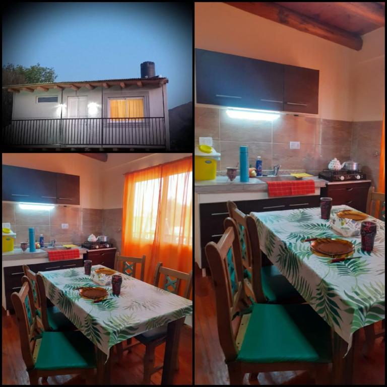 two images of a kitchen with a table and a dining room at Departamento Dharma in Capilla del Monte