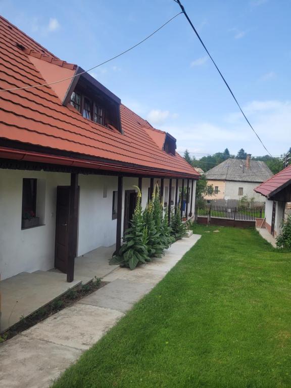 a house with a red roof and a green yard at Ubytovanie na včelej farme in Polichno