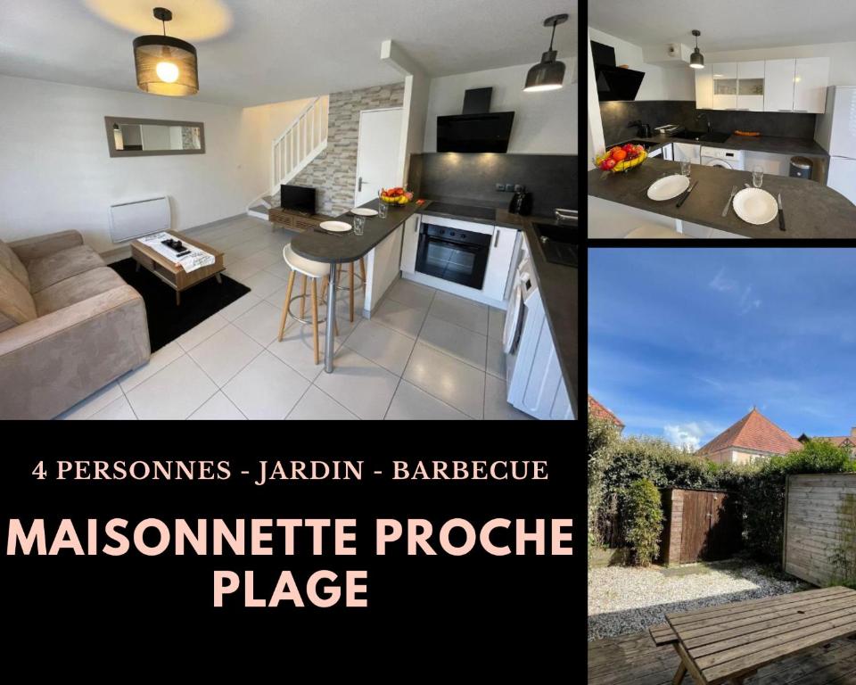 un collage de photos d'une cuisine et d'un salon dans l'établissement Maisonette proche plage, à Colleville-Montgomery