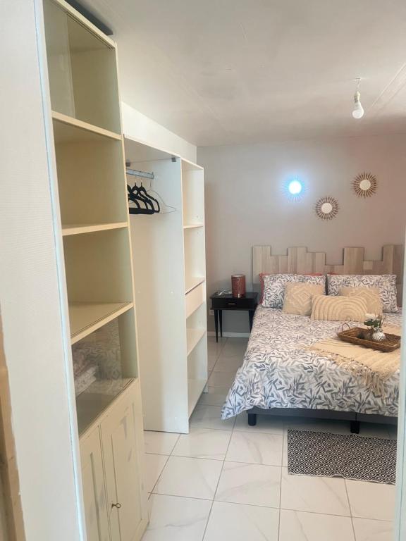 a bedroom with a bed and a book shelf at Appartement indépendant chez l'habitant in Rosny-sur-Seine