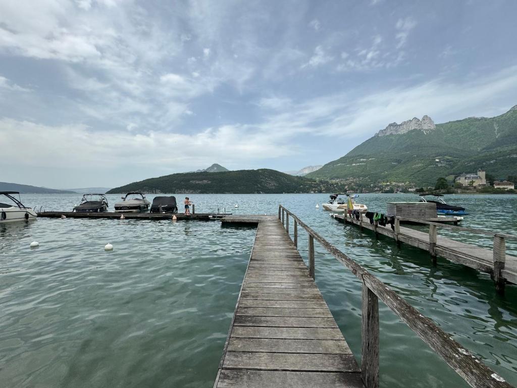 a dock on a lake with mountains in the background at Appartement Le Beach du Lac d'Annecy avec les pieds dans l eau, plage et ponton privé in Duingt