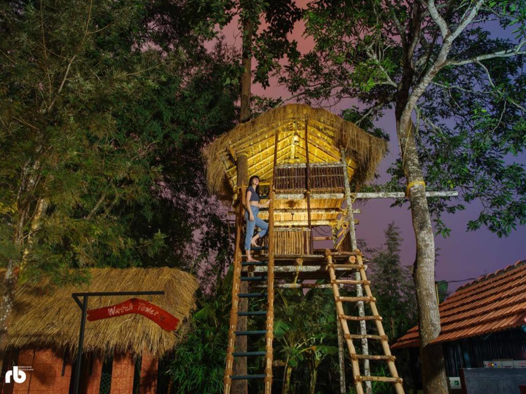 a person standing on a ladder in a tree house at Wayanad Kuruva Isles Jungle Resort in Chekadi