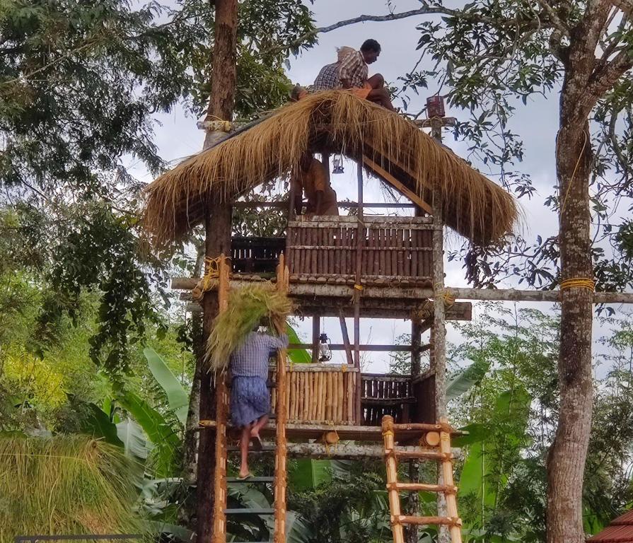 a tree house with two people in it at Wayanad Kuruva Isles Jungle Resort in Chekadi