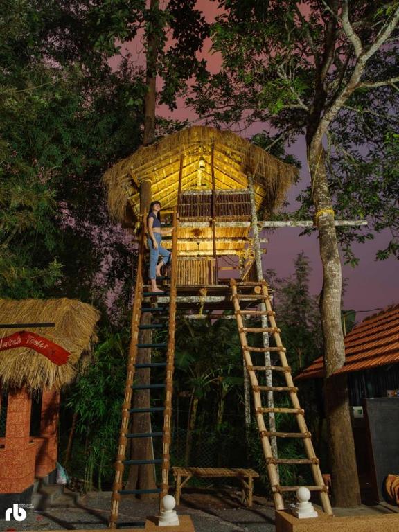 a tree house with a woman sitting on a ladder at Wayanad Kuruva Isles Jungle Resort in Chekadi