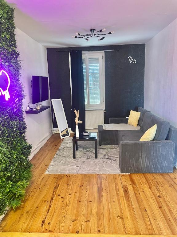 un salon avec un canapé et une table dans l'établissement Appartement cosy LYON, à Villeurbanne