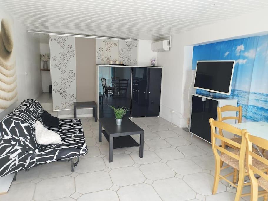 un salon avec un canapé et une télévision dans l'établissement Bas de villa climatisé avec coin terrasse, à Sanary-sur-Mer