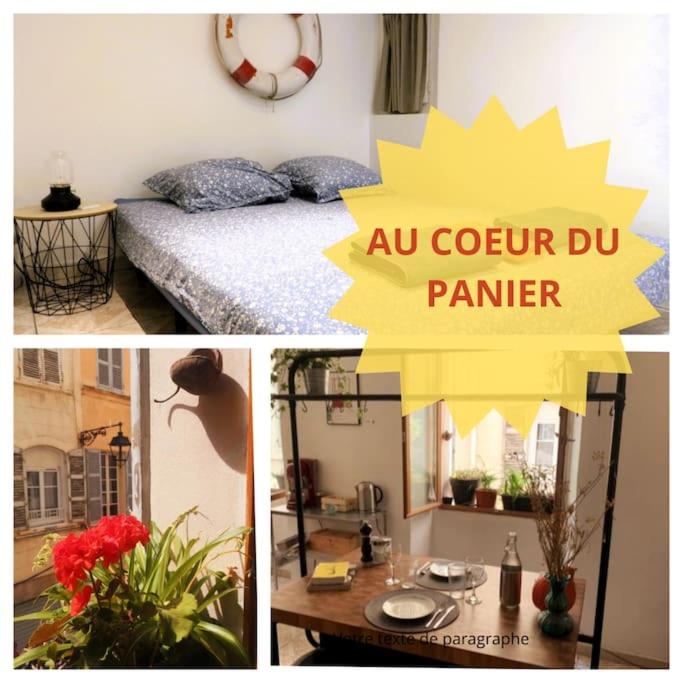 un collage de trois photos d'une chambre avec un lit dans l'établissement Petit Boucan 47m2 Dans le coeur du Panier, à Marseille
