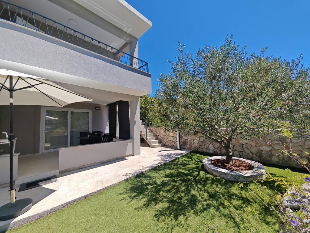 a house with a tree in the yard at Olive Tree Apartment Zečevo in Rogoznica