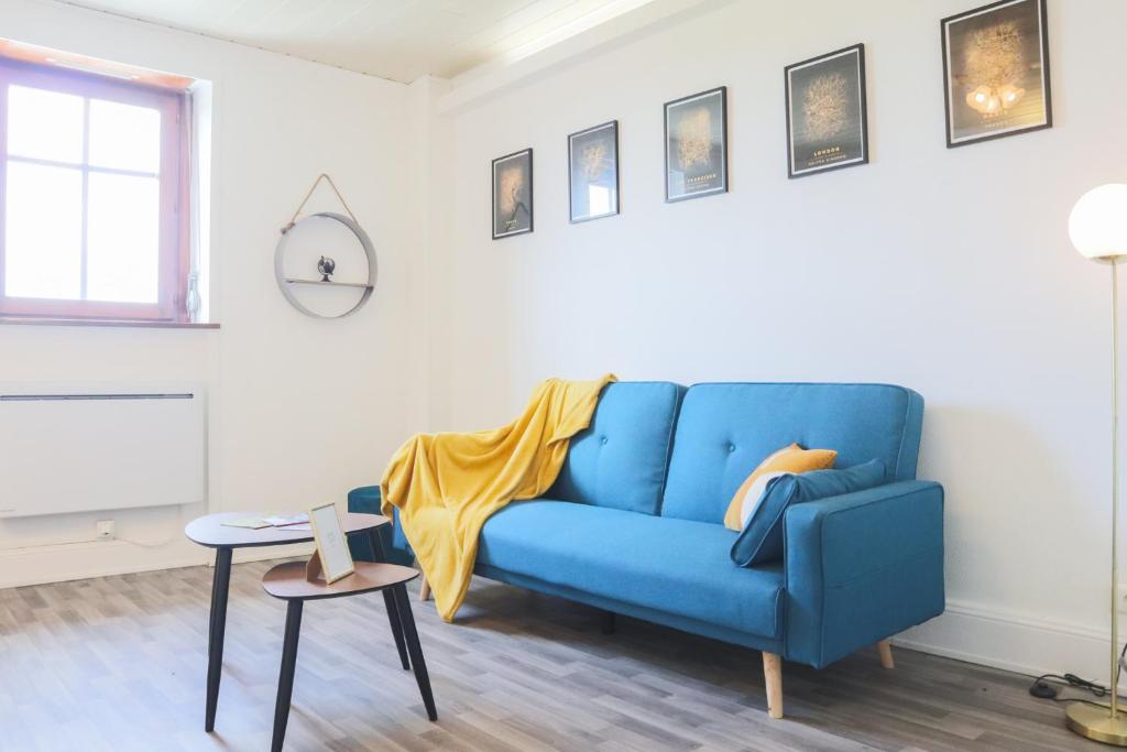 un salon avec un canapé bleu et une table dans l'établissement Le Vintage, Mulhouse ville, à Mulhouse
