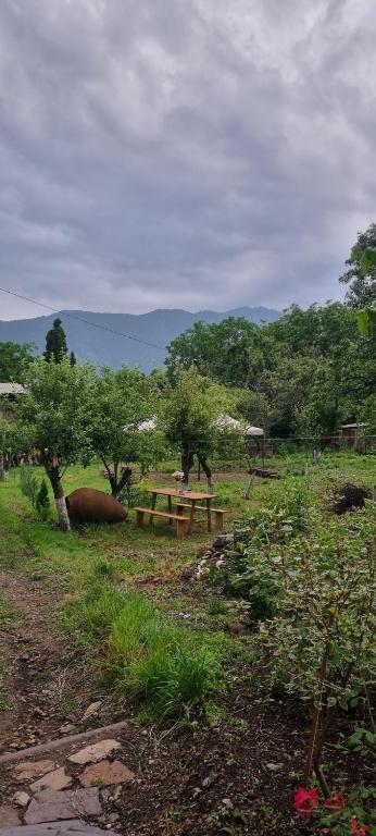 a picnic table and bench in a field with trees at Hooni_guesthouse in Odzun