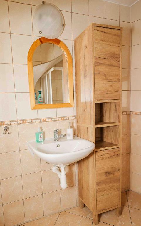 un bagno con lavandino e specchio di Penzion Dominika a Oravský Biely Potok