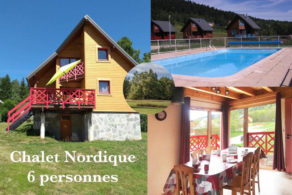 un collage de photos d'une maison et d'une piscine dans l'établissement Chalet nordique 31, à La Féclaz