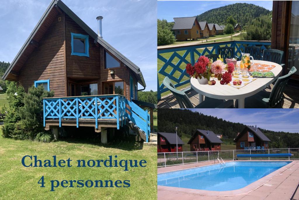un collage de photos avec une maison et une piscine dans l'établissement Chalet nordique 214, à La Féclaz