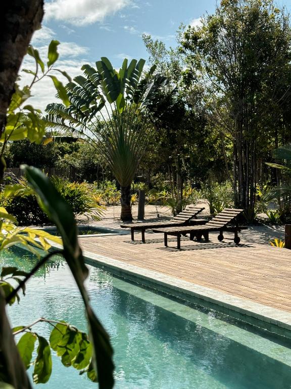 two benches sitting next to a swimming pool at Pousada Refazenda in Corumbau