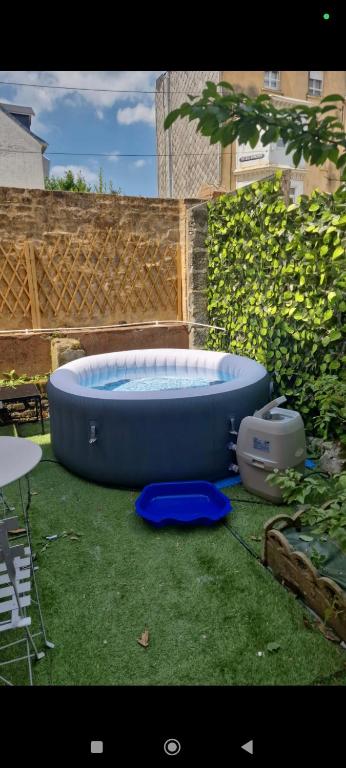 une baignoire bleue posée sur l'herbe dans un jardin dans l'établissement ++++ CENTRAL charmant 70m2 avec balcon, mer à 200 m et rue piétonne à 300 m ++++, à Berck-sur-Mer