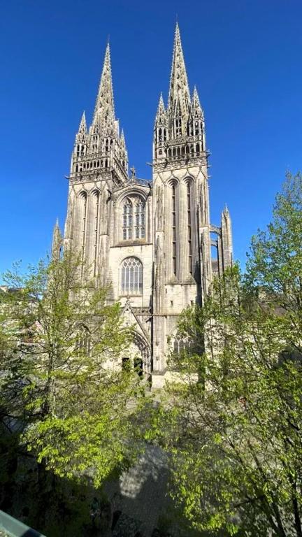 un grand bâtiment avec deux tours avec des arbres devant dans l'établissement Dans les Airs, à Quimper