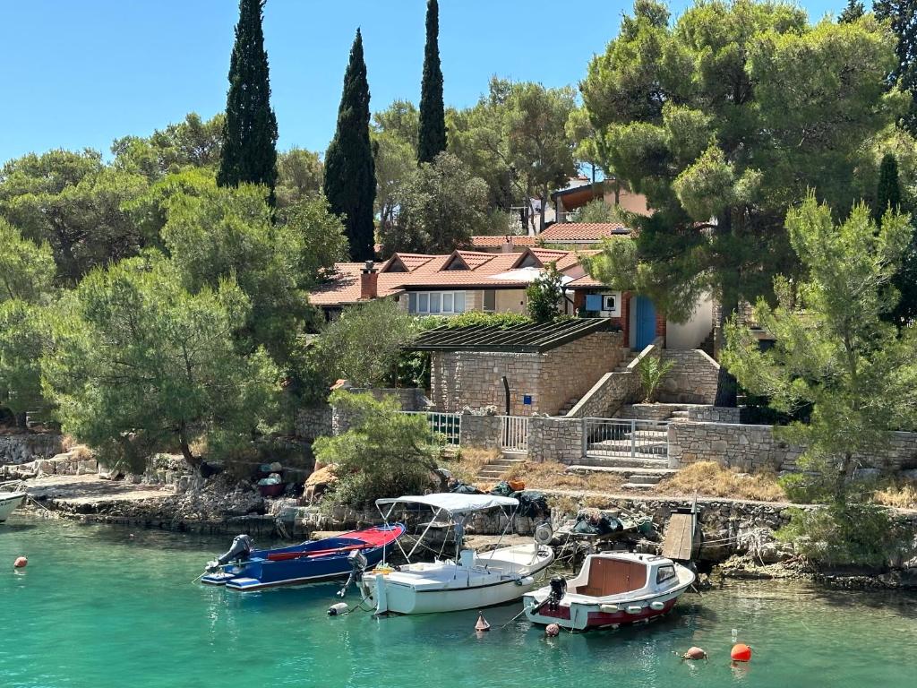 twee boten aangemeerd in het water voor een huis bij Apartment By the Sea in Milna