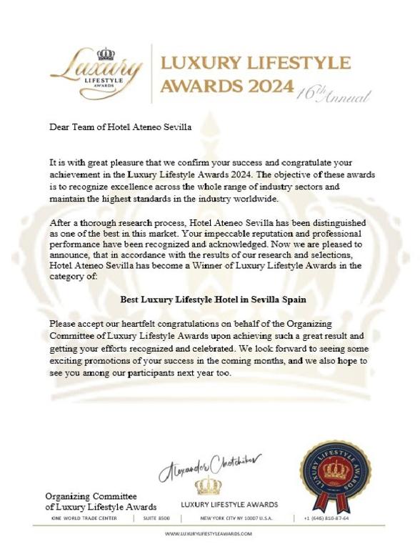Certifikát, hodnocení, plakát nebo jiný dokument vystavený v ubytování Hotel Ateneo Sevilla