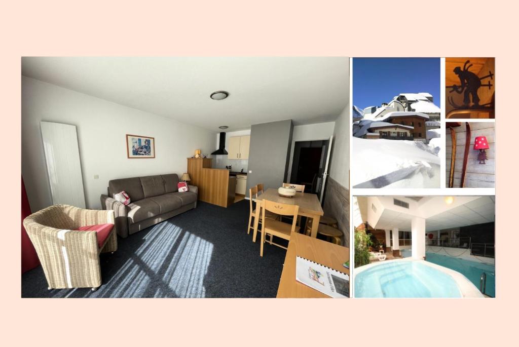 un collage de photos d'un salon et d'une cuisine dans l'établissement LE CHALET - Piscine 9 - Studio pour 6 Personnes MAE-8844, à Gourette